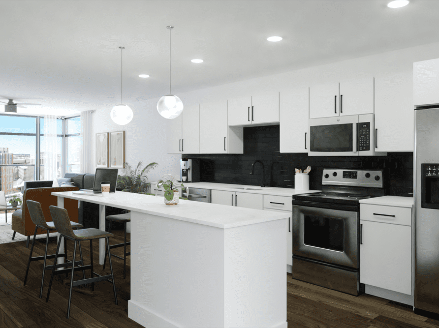 Rendering of the kitchen area at Whistler, student housing in Midtown Atlanta.