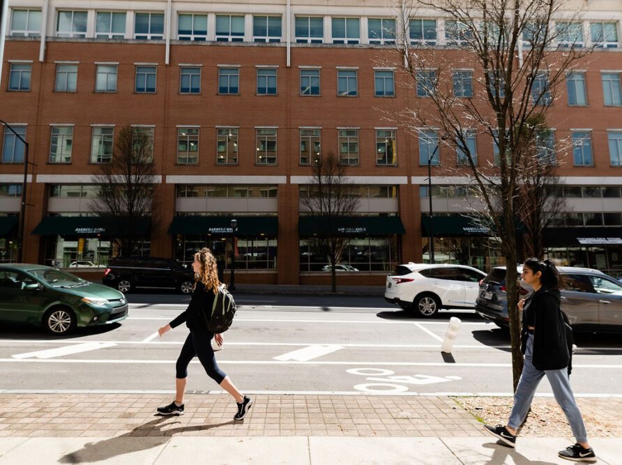 Students walking in Tech Square in East Midtown Atlanta.