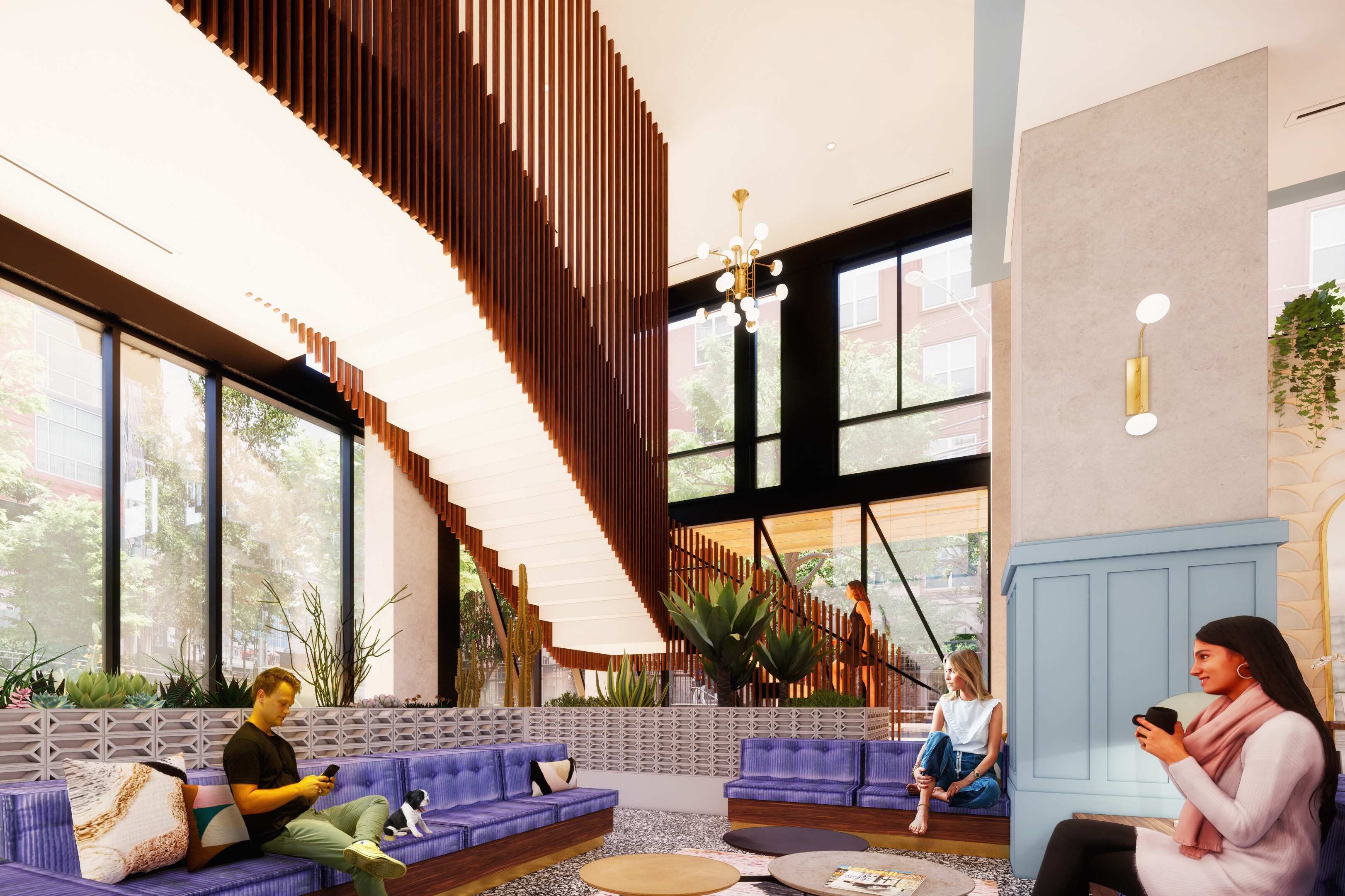 rendering of conversation pit at Waterloo Tower, student housing apartment in West Campus near UT Austin.
