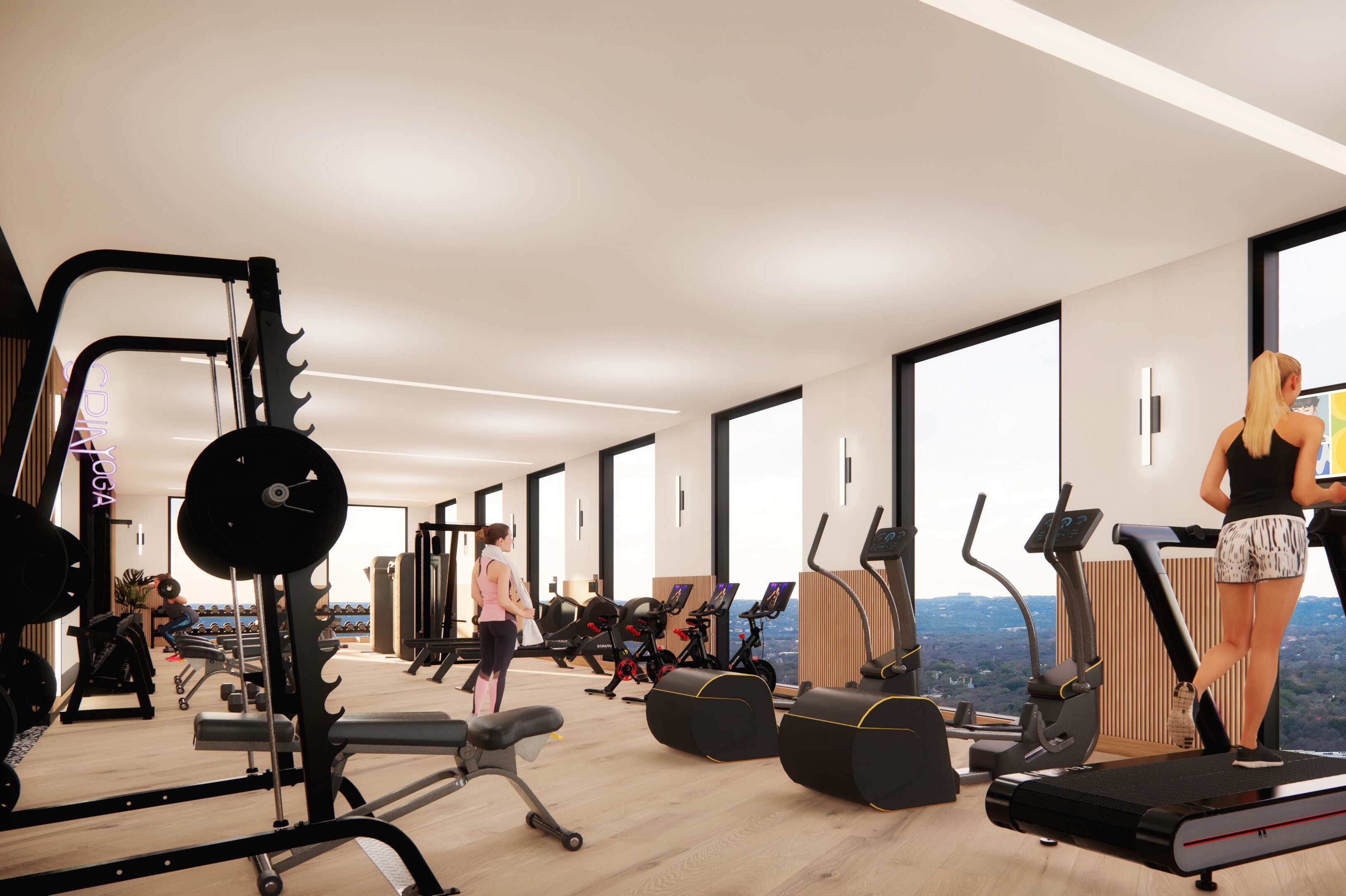 rendering of fitness center at Waterloo Tower, student housing apartment in West Campus near UT Austin.