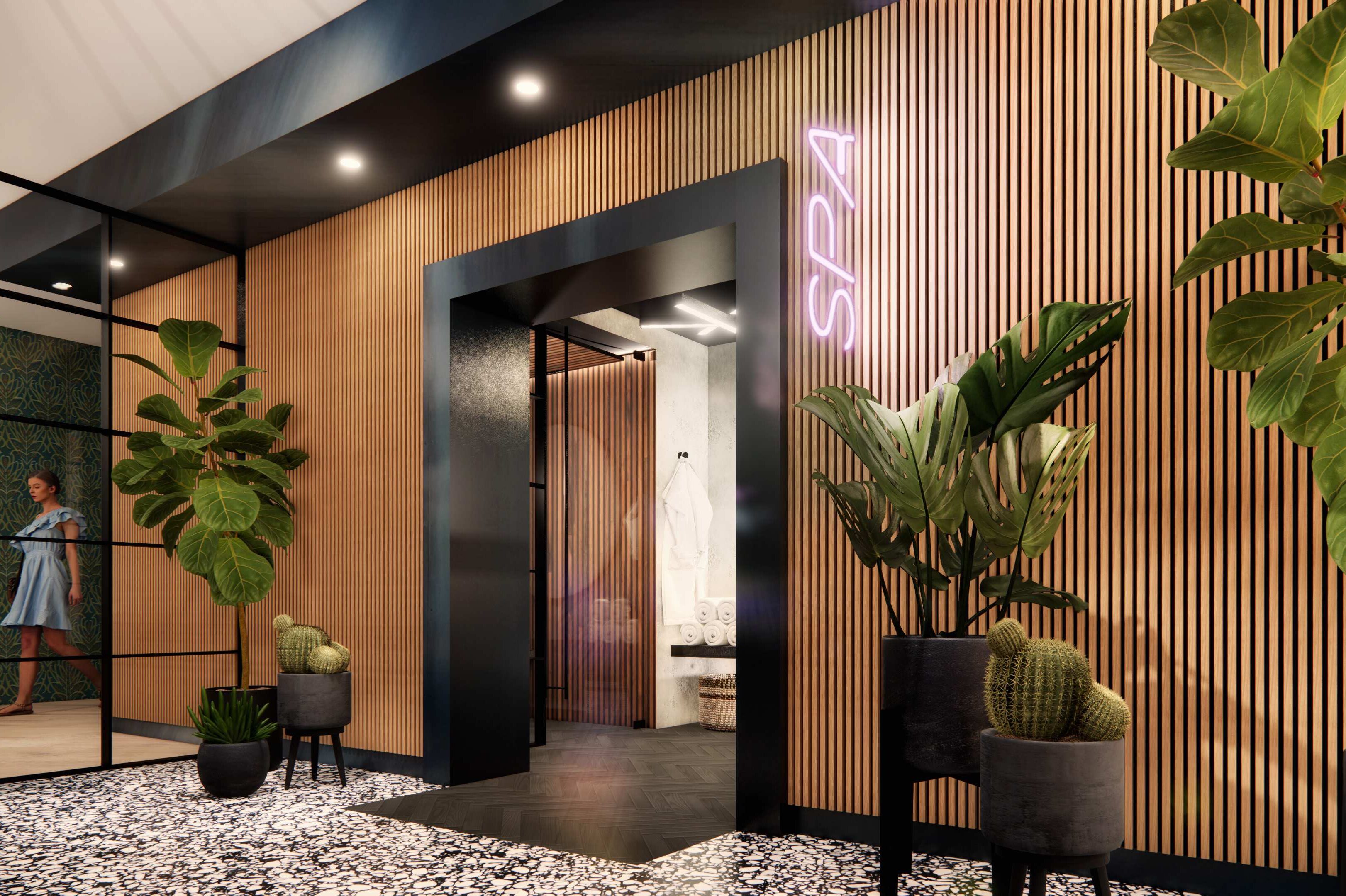 rendering of entry to sauna with spa sign Waterloo Tower, student housing apartment in West Campus near UT Austin.