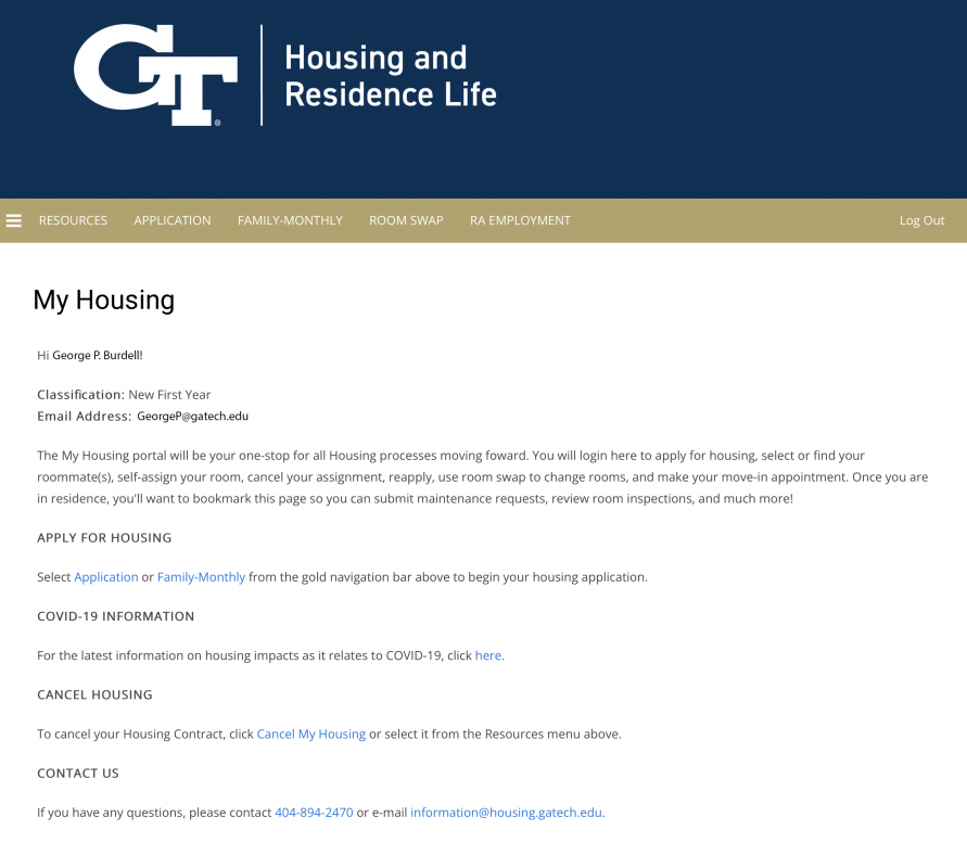 Example Georgia Tech housing portal.