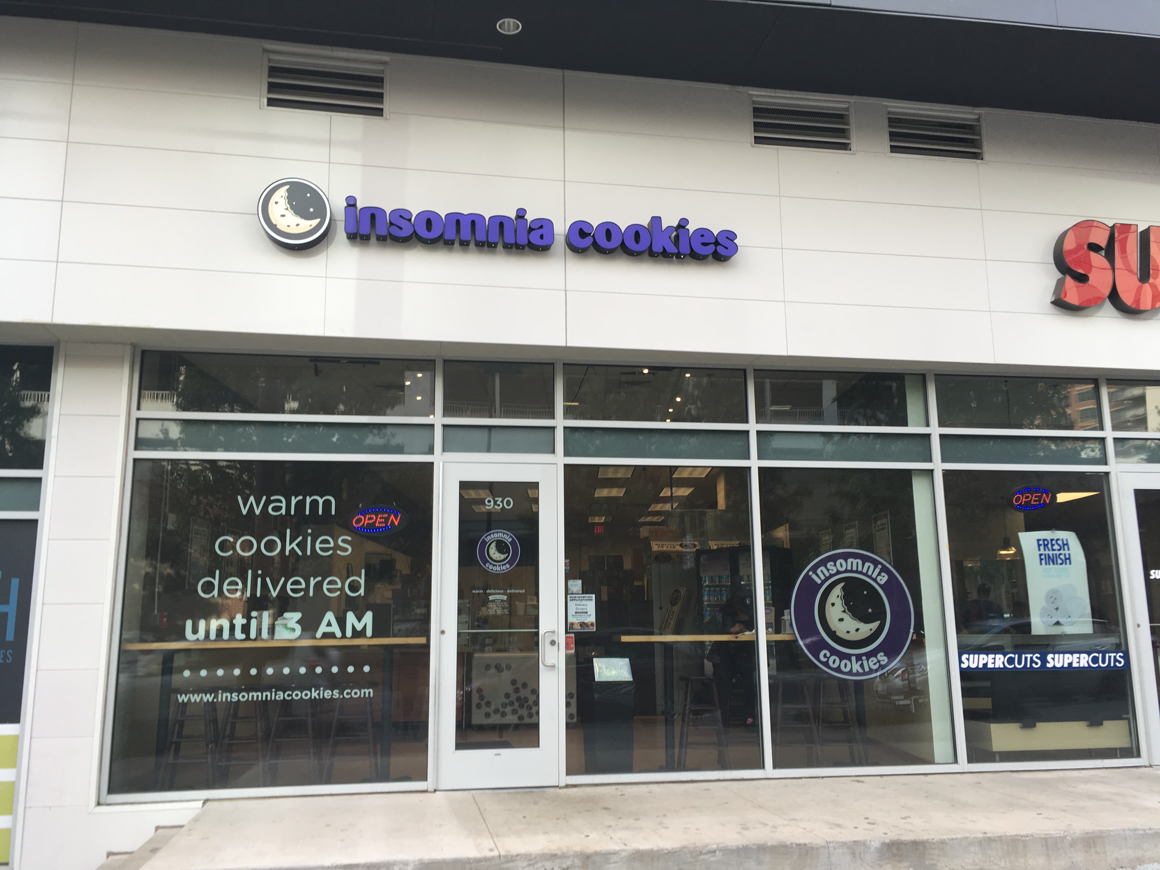Exterior of Insomnia Cookies in Midtown Atlanta.
