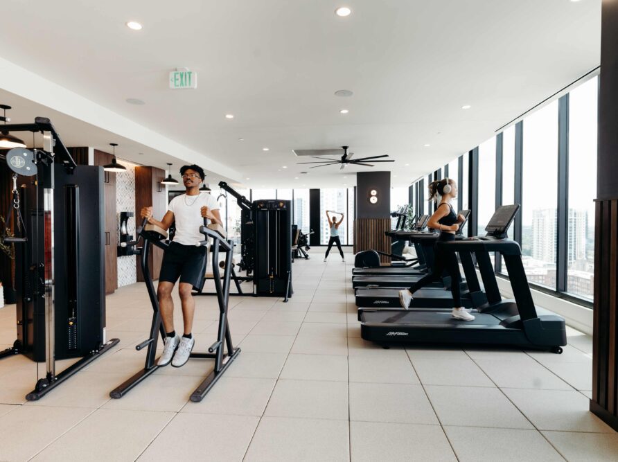 Whistler’s fitness center takes up the entire 25th floor of the building and is equipped with cardio machines and weight equipment in Midtown Atlanta.