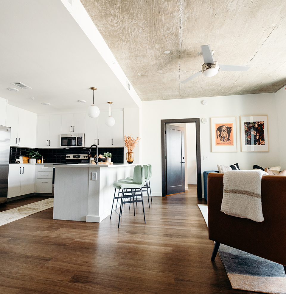 A living room and a kitchen