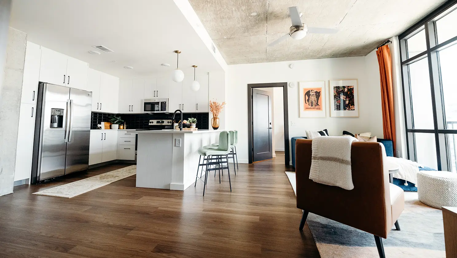 a kitchen and living room